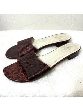 Brooks Brothers Leather Croc Embossed Slide Sandals Brown Size 9.5